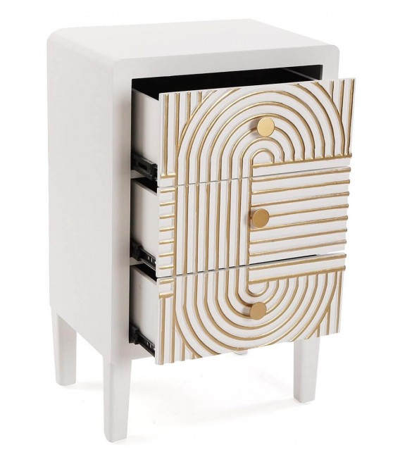 Mesita de noche muy original madera lacada blanco detalles acabado oro mdmhogar