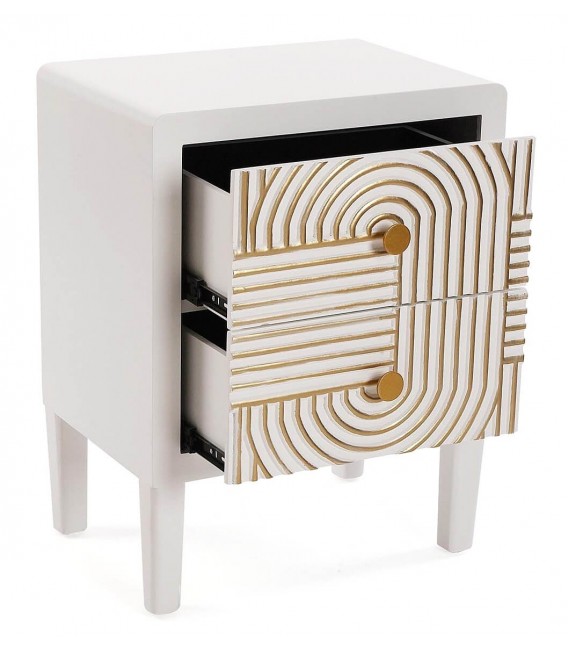 Mesita de noche realizada en madera lacada en blanco detalles en oro mdmhogar