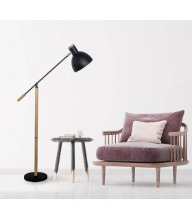 Lámpara de pie realizada en metal negro y madera natural orientable mdmhogar