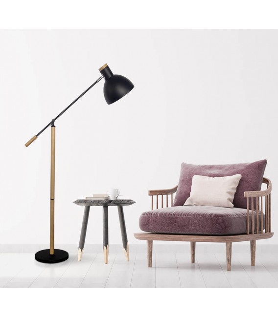 Lámpara de pie realizada en metal negro y madera natural orientable mdmhogar