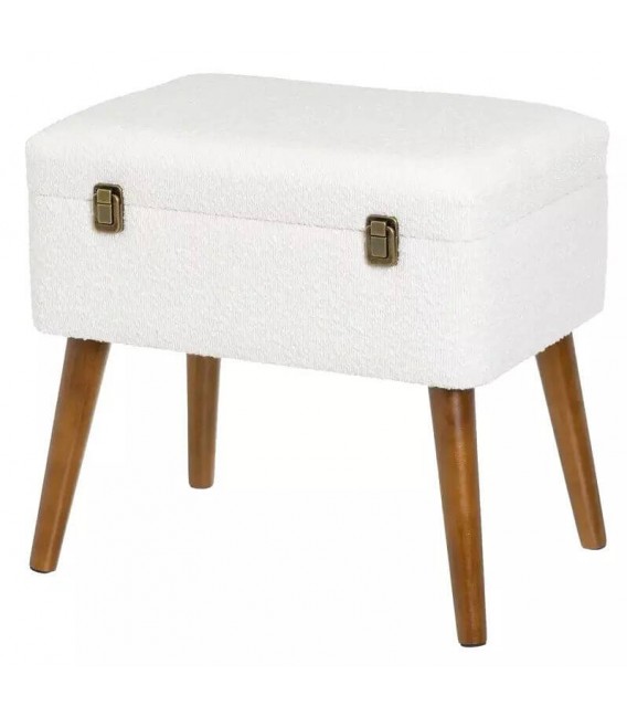 Banqueta  baúl tapizado en boucle blanco  patas en color cerezo mdmhogar
