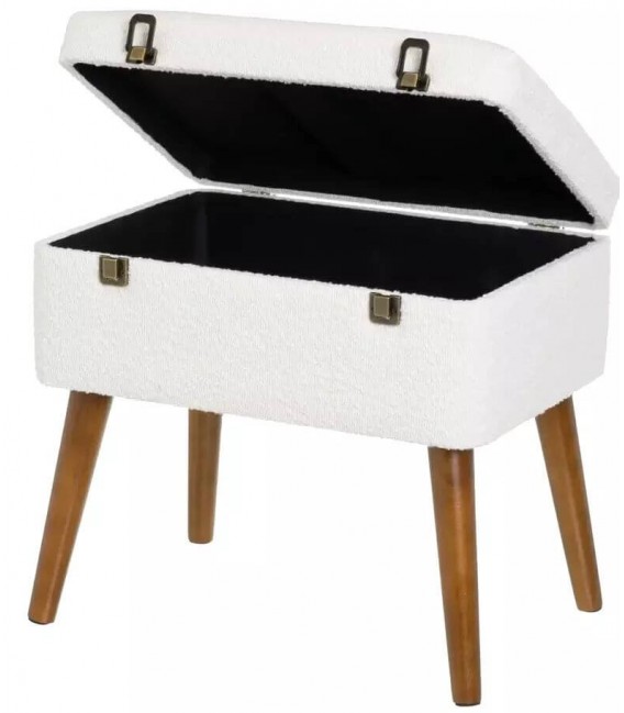 Banqueta  baúl tapizado en boucle blanco  patas en color cerezo mdmhogar