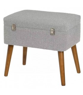 Banqueta arcón tapizado en boucle gris claro con las patas en color cerezo mdmhogar