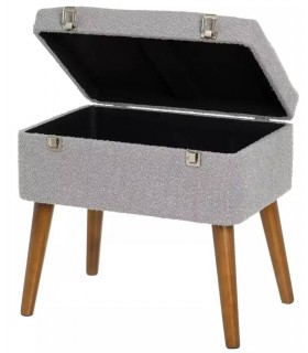 Banqueta arcón tapizado en boucle gris claro con las patas en color cerezo mdmhogar