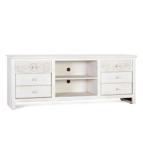 Mueble de TV alto madera mango detalles tallados blanco patinado mdmhogar