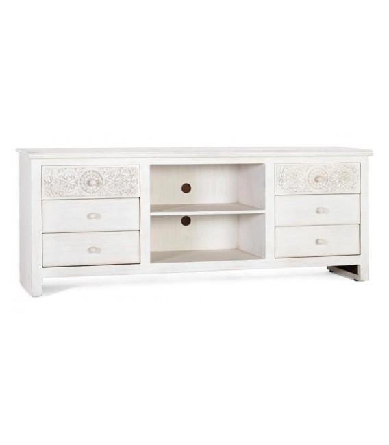Mueble de TV alto madera mango detalles tallados blanco patinado mdmhogar