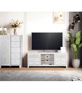 Mueble de TV alto madera mango detalles tallados blanco patinado mdmhogar