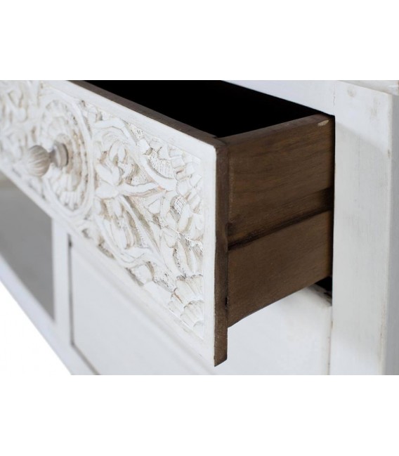 Mueble de TV alto madera mango detalles tallados blanco patinado mdmhogar