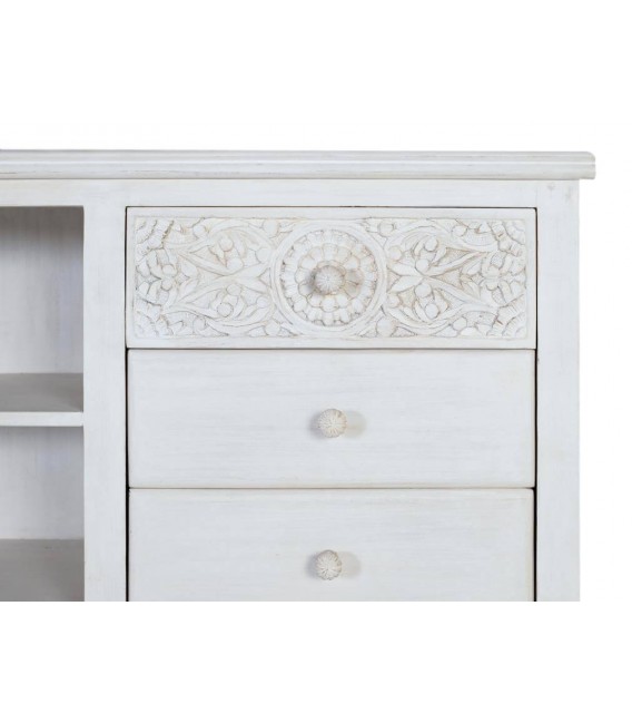 Mueble de TV alto madera mango detalles tallados blanco patinado mdmhogar