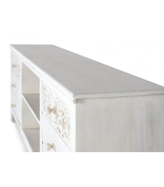 Mueble de TV alto madera mango detalles tallados blanco patinado mdmhogar