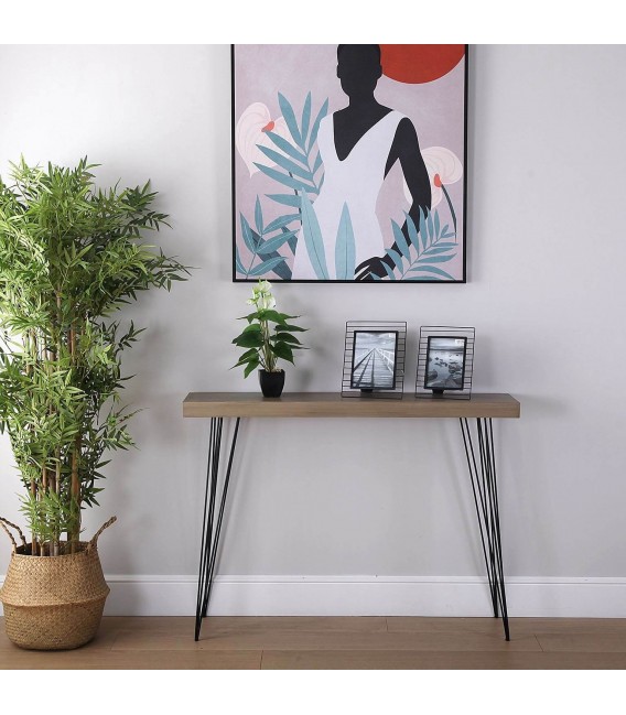 Consola entrada estilo industrial metal negro madera imitación roble mdmhogar