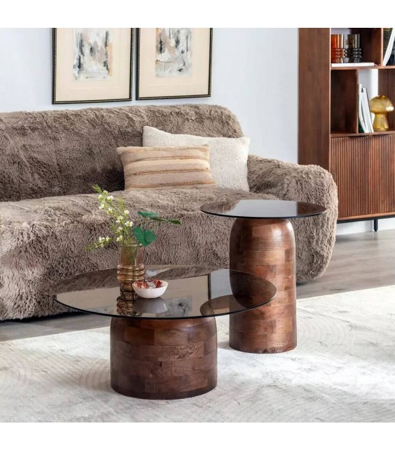 Mesa de centro redonda madera teñida nogal cristal ahumado mdmhogar