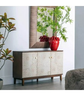 Aparador pequeño pino madera teñida nogal puertas talladas blanco mdmhogar