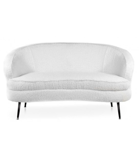 Sofá pequeño cómodo tela bouclé lana blanca patas en metal negro mdmhogar
