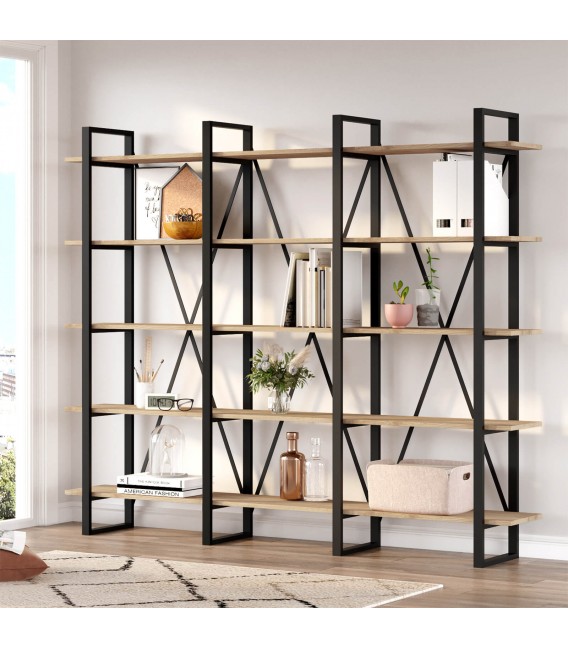 Librería estantería grande madera mdf imitación roble metal negro mdmhogar