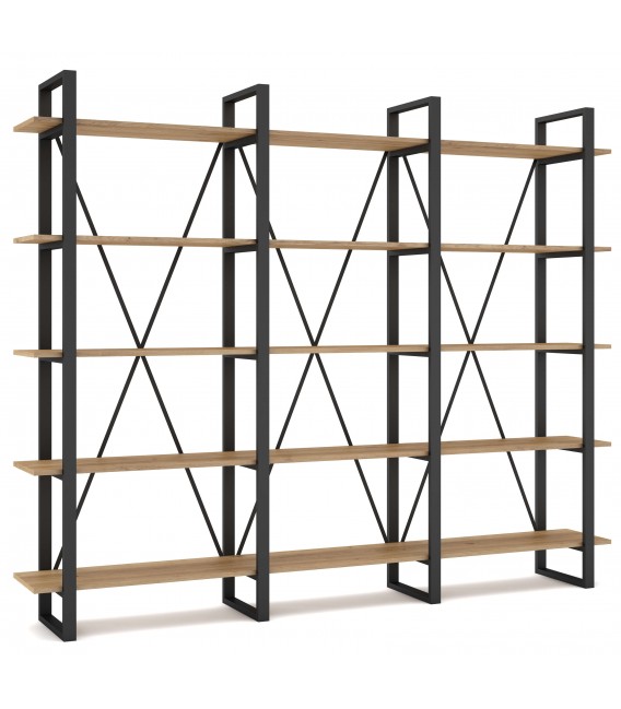 Librería estantería grande madera mdf imitación roble metal negro mdmhogar