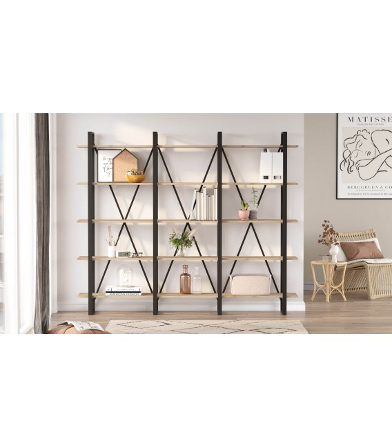 Librería estantería grande madera mdf imitación roble metal negro mdmhogar