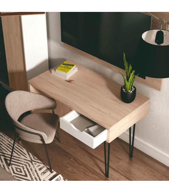 Mesa escritorio madera mdf imitación roble natural y blanco roto mdmhogar