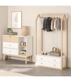 Perchero tipo burro 2 cajones madera de pino natural dm lacado blanco mdmhogar