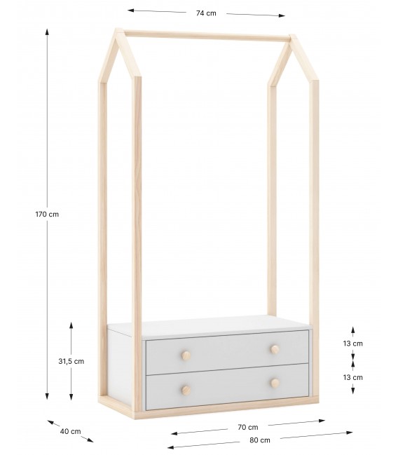 Perchero tipo burro 2 cajones madera de pino natural dm lacado blanco mdmhogar