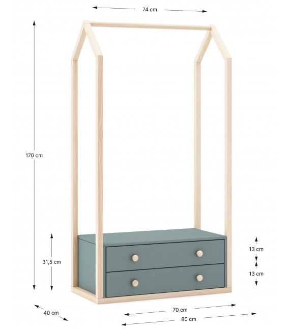 Perchero tipo burro 2 cajones madera de pino natural dm lacado gris mdmhogar