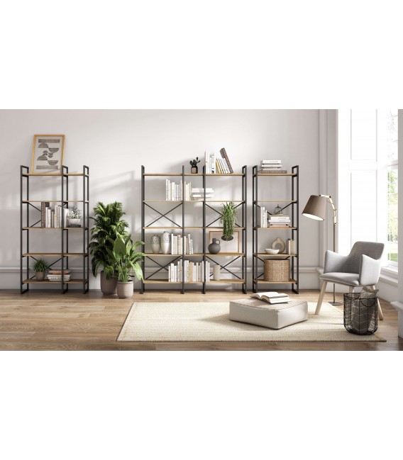 Librería estantería madera mdf imitación roble natural metal negro mdmhogar