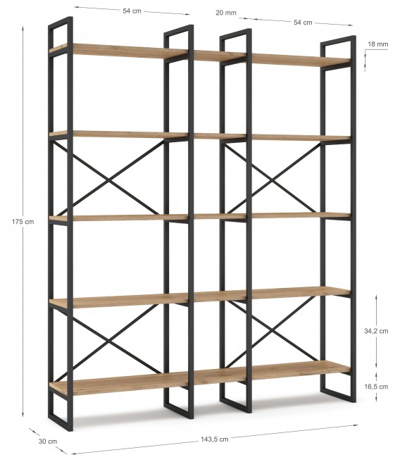 Librería estantería madera mdf imitación roble natural metal negro mdmhogar