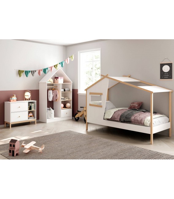 Cama individual montessori madera de pino natural lacado en blanco mdmhogar