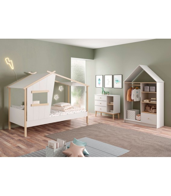 Cama individual montessori madera de pino natural lacado en blanco mdmhogar