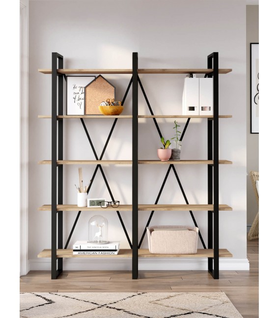 Librería estantería madera mdf imitación roble natural metal negro mdmhogar