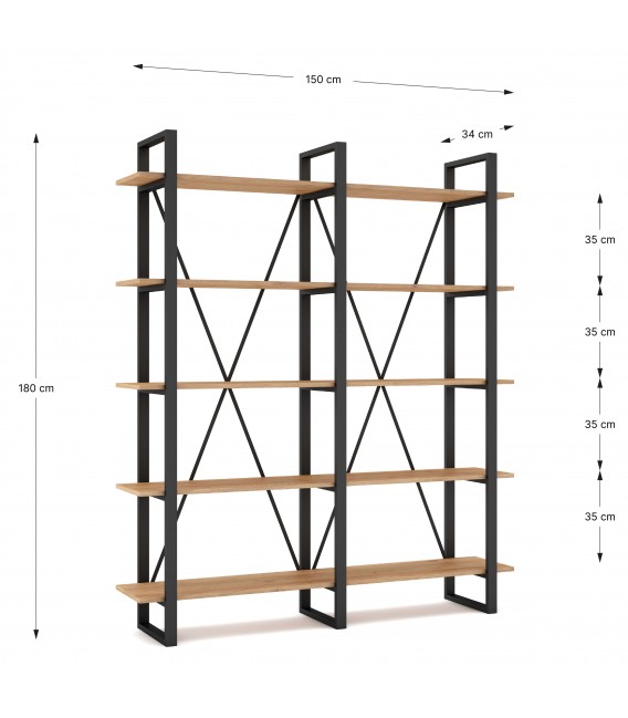 Librería estantería madera mdf imitación roble natural metal negro mdmhogar