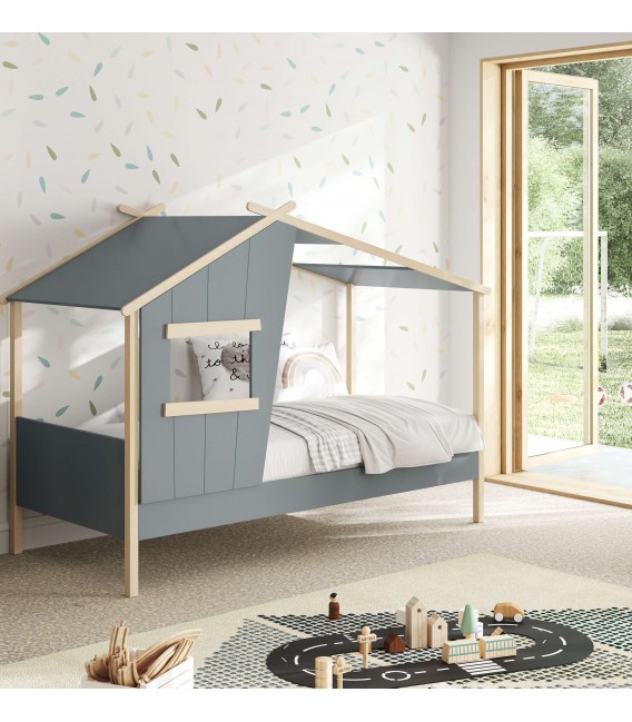 Cama individual infantil montessori madera natural lacado color kaki mdmhogar