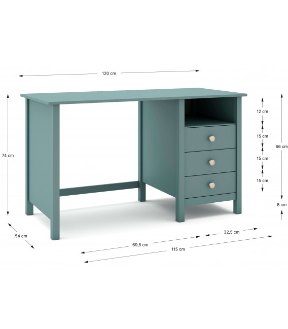 Mesa de escritorio 3 cajones madera de pino lacado en verde mdmhogar