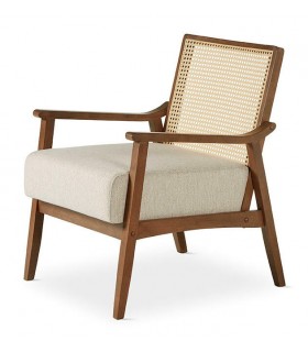 Butaca cómoda madera nogal ratán natural asiento textil blanco roto