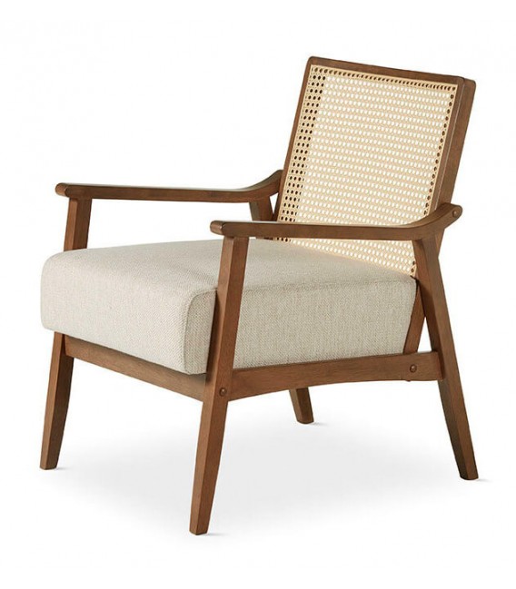 Butaca cómoda madera nogal ratán natural asiento textil blanco roto