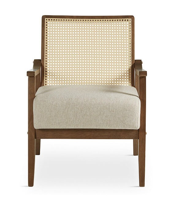 Butaca cómoda madera nogal ratán natural asiento textil blanco roto