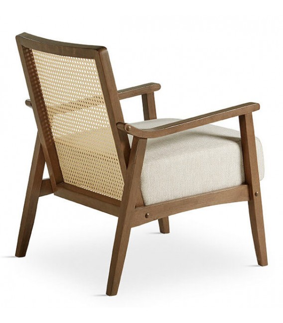 Butaca cómoda madera nogal ratán natural asiento textil blanco roto