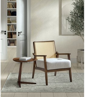 Butaca cómoda madera nogal ratán natural asiento textil blanco roto