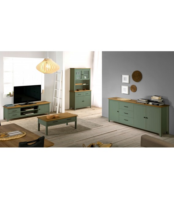Mueble de TV realizado en pino natural combinado con laca verde mdmhogar