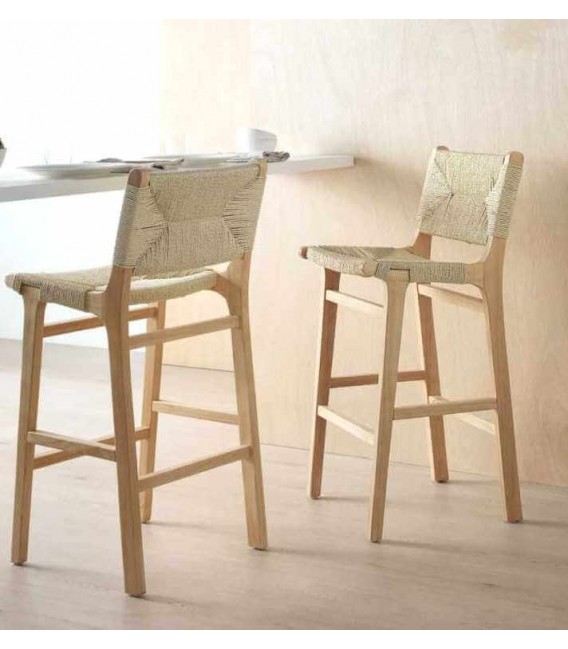 Taburete de barra cómodo madera de hevea y yute trenzado natural mdmhogar