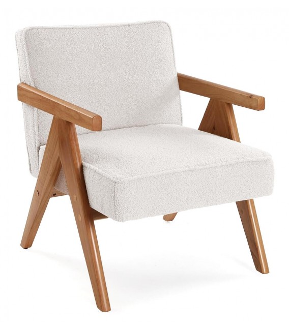Sillón nórdico en bouclé blanco con patas de madera cerezo.