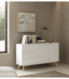 Bonito aparador de línea nórdica lacado en blanco y madera natural  mdmhogar