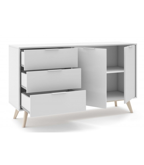 Bonito aparador de línea nórdica lacado en blanco y madera natural  mdmhogar