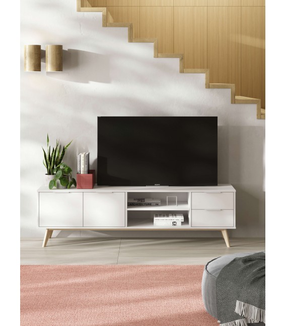 Mueble de TV grande nórdico lacado blanco y madera natural mdmhogar