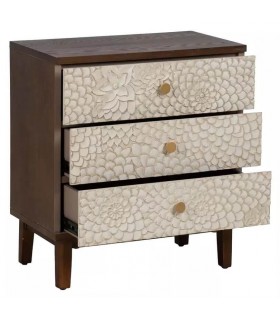 Mesita de noche grande color nogal cajones tallados blanco rozado mdmhogar