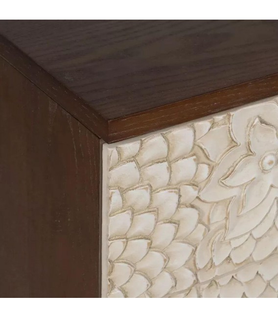 Mesita de noche grande color nogal cajones tallados blanco rozado mdmhogar