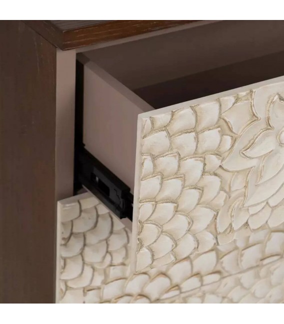 Mesita de noche grande color nogal cajones tallados blanco rozado mdmhogar