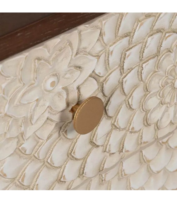 Mesita de noche grande color nogal cajones tallados blanco rozado mdmhogar