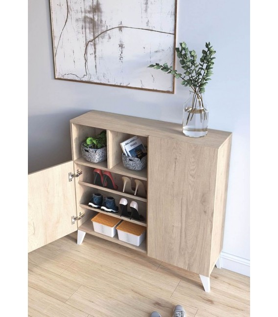 Zapatero 12 a 14 pares melamina imitación roble natural patas blancas mdmhogar