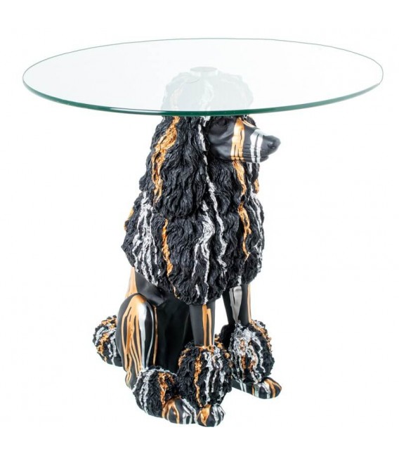 Mesita auxiliar original figura perro negro dorado blanco y cristal. mdmhogar